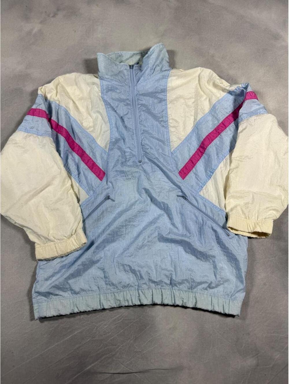 Vintage 90s Lavon Colorblock Windbreaker Small Blue Pink Ivory Pullover Jacket